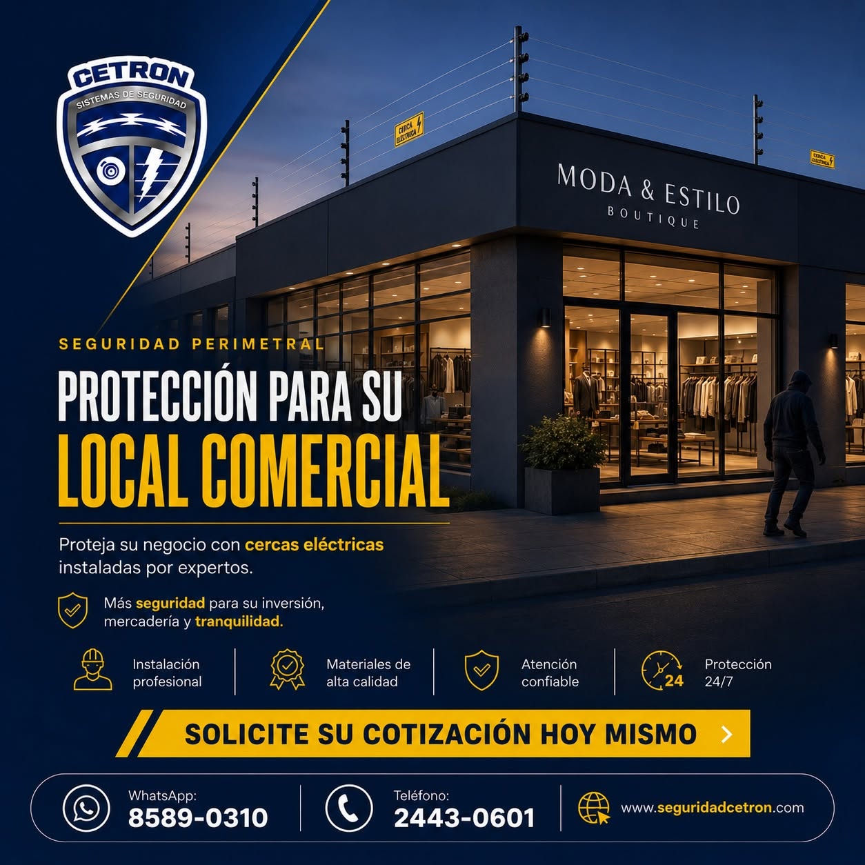 Local comercial protegido con cerca eléctrica en el techo