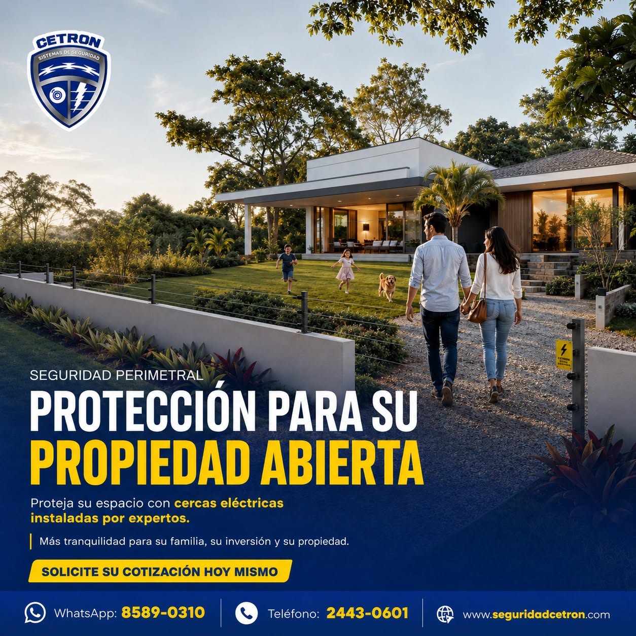 Familia caminando con seguridad en propiedad abierta protegida con cerca eléctrica